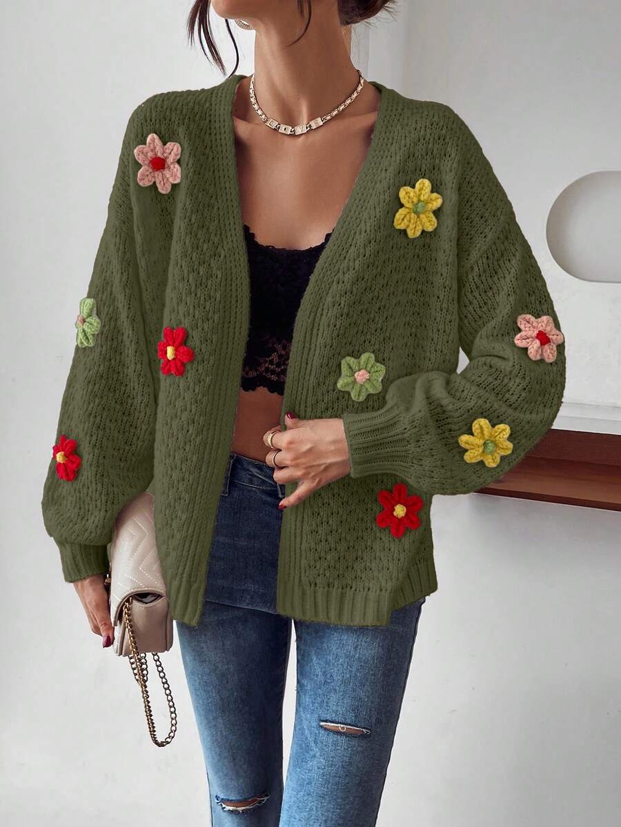 EMERY ROSE Women's Casual Floral Decor Drop Shoulder Long Sleeve Knitted Cardigan, Autumn/Winter - Army Green - View 1