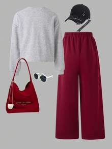 2pcs/Set Teen Girl Casual Loose Floral Print Cropped Loose Sweatshirt + Elastic Waist Wide Leg Pants Set, Versatile Apricot Fall Winter - Burgundy - View 2