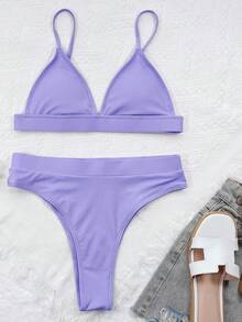 SHEIN Swim Summer Beach Solid Bikini Set Triangle Bra & High Waisted Bottom 2 Piece Bathing Suit - Lilac Purple - View 3