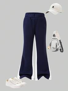 Young Boys' Casual Contrast Color Patchwork Thermal Lined Pants, Comfortable & Versatile For Back To School, Autumn/Winter