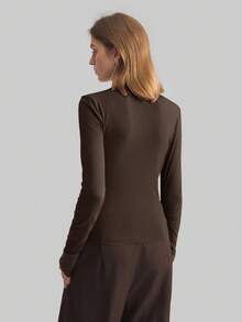 Ontre 2025 ALL SEASON Asymmetric Ruffle Collar Basic Long Sleeve Minimalist Urban Business Casual Blouse, Women Office Wear, Suitable For Christmas, Halloween, Party,Brown Top Modern Urban Casual Fashion Business Casual Women's Office Wear Low-Key Old Money Style Effortless Temperament High-End Urban Commuting High-Quality Airport Women's Wear High-End Material