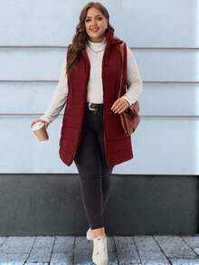 EMERY ROSE Chaleco acolchado con capucha y bolsillos, talla grande, liso - Rojo - Ver 6