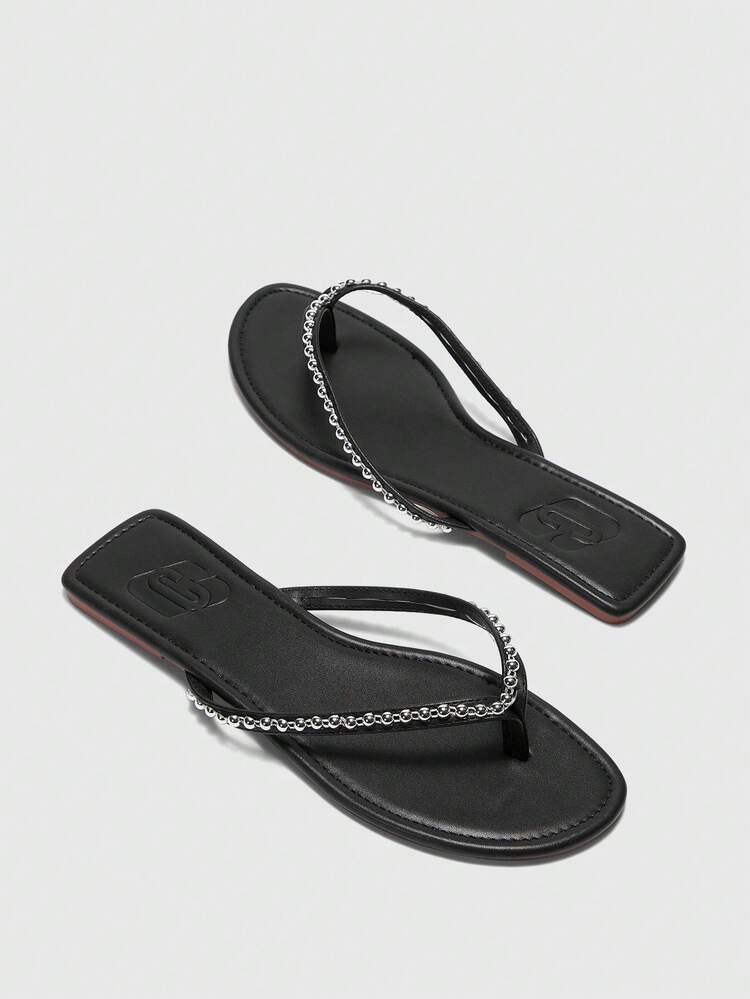 CUCCOO BIZCHIC Women's Outdoor Casual Fashion Versatile Black PU Flat Flip Flops, Comfortable For Leisure, Beach, Vacation