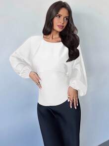 Firerie 女士新款优雅浪漫休闲都市通勤时尚百搭咖啡棕色圆领蝙蝠袖长袖系带X型修身衬衫，适合教师穿着，春夏秋季皆宜 - 白色 - 查看 5