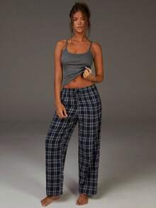 Athîral 女士两件套休闲露背撞色蕾丝紧身吊带背心和格子裤睡衣 - 深灰色 - 查看 6