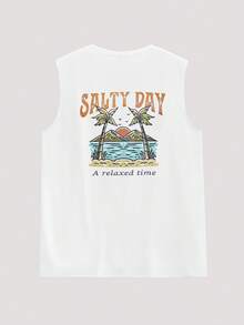 Open Phase STONE DISTRICT 男士休闲无袖背心，热带植物标语印花，适合春夏穿着 - 白色 - 查看 2