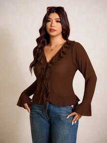 Elaquor 大码女式优雅纯色荷叶边喇叭袖上衣 - 咖啡棕 - 查看 5