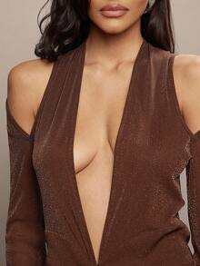 Hauture Shiny Brown Mesh Long Sleeve Ruched Mini Dress - Sexy Night Out Glam Low Front Neck