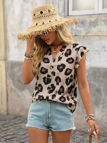 SHEIN LUNE Áo cánh tay ngắn cổ chữ V họa tiết da báo rộng rãi phong cách nghỉ dưỡng cho nữ, phù hợp cho mùa hè - Nhiều màu - Xem 6