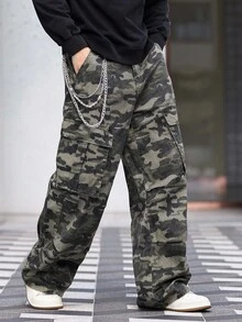 Manfinity LEGND 男士休闲迷彩印花阔腿工装牛仔裤 - 軍綠色 - 查看 4