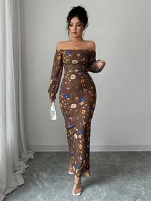 Rafferiza Gaun Wanita Elegan Tanpa Bahu dengan Motif Ranting Bunga, Jala, Pinggang Elastis, Detail Kerut, Bodycon, dan Belahan Tinggi dengan Lengan Lentera. - Coffee Brown - View 5