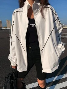 DAZY Sporty Autumn High Collar Black & White Contrast Zip-Up Jacket