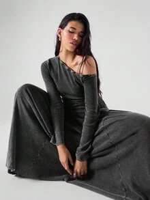 LYSMO 女士时尚不对称领长裙，适合通勤 - 黑色 - 查看 7