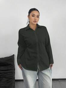 POPSWAY 大码女式休闲/办公室纯色长袖衬衫 - 深灰色 - 查看 3