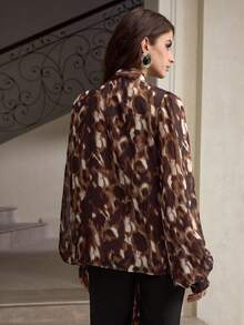 ZEYLAH Women's Elegant Leopard Print Knot Collar Lantern Sleeve Blouse, Suitable For Spring & Autumn Fall - Multicolor - View 3