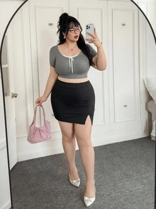 CovetEZ Plus Size Women's Solid Color Simple Daily Wear Slim-Fit Pencil Skirt - Black - View 9