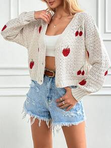 RueChic Vcay Sweet Holiday Cardigan With Strawberries And Cherries - Beige - View 3