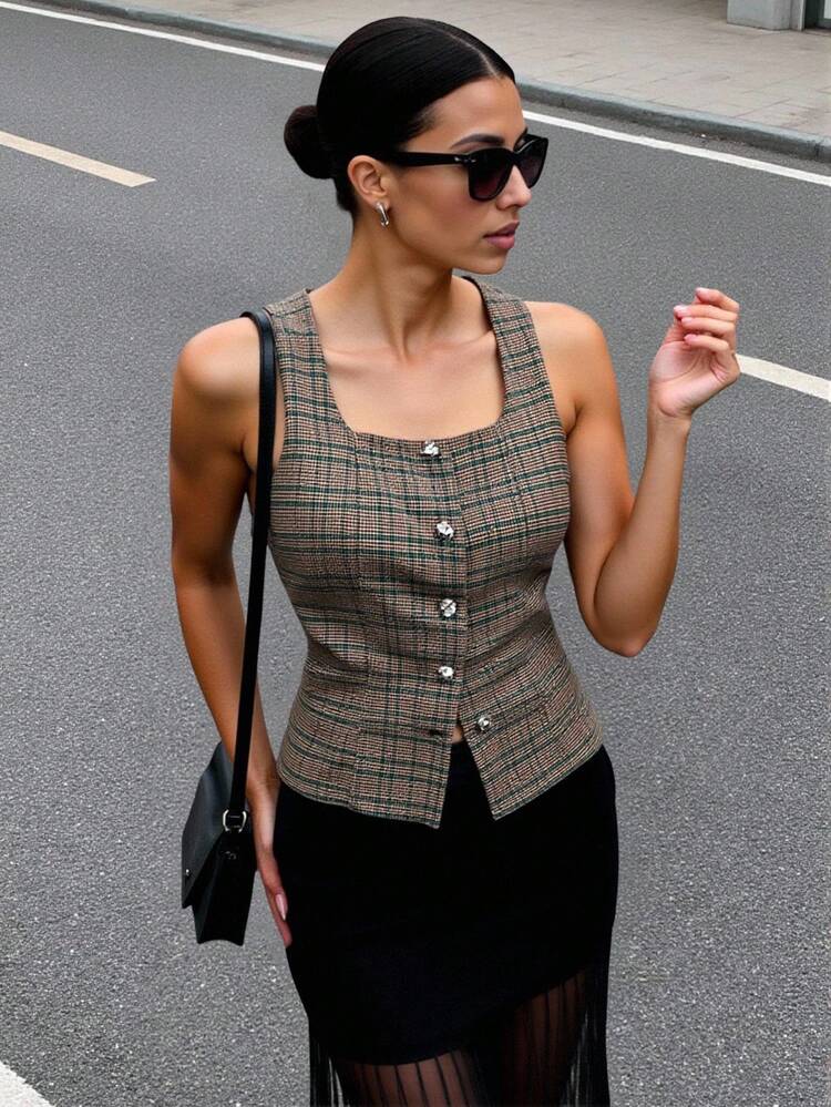 SHEIN Maija Women's Plaid Square Neck Single-Breasted Top, Fall Clothes, Business Casual