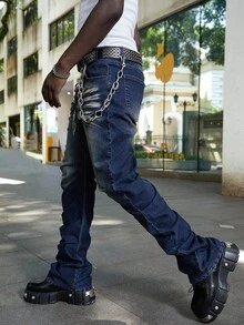 ROMWE MEN Street Life Men's Heavy-Weight Distressed Layered Washed Denim Jeans - Blue - View 6