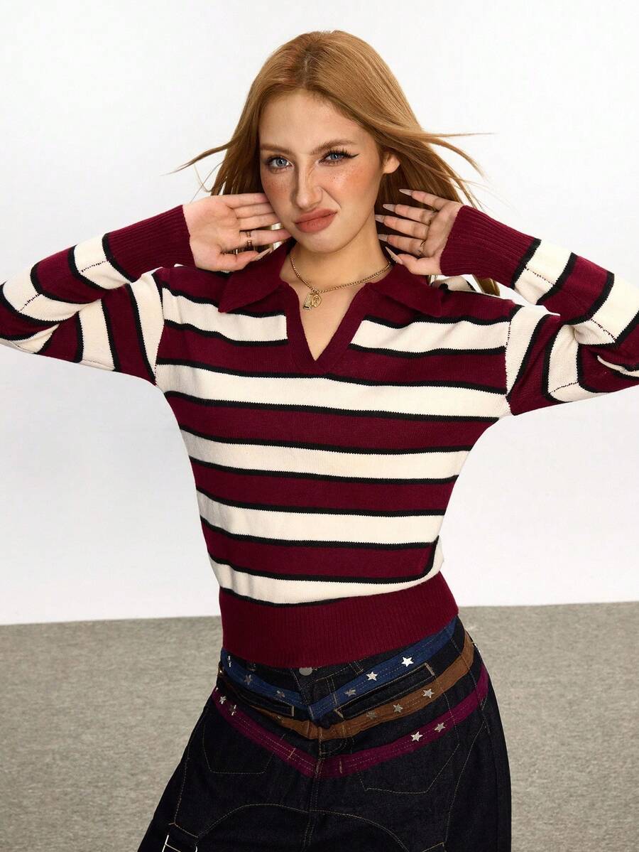 Rina Fox Women's Colorblock Striped Casual Long Sleeve Sweater