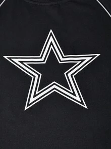 SHEIN 2件套休闲青少年装 - 白色星星印花T恤+裤子，银色装饰线，夜光效果，适合散步、购物、上学穿着，可搭配夹克或背心 - 黑色 - 查看 5