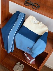 2pcs/Set Young Boy Blue Thick Thermal Lined Color Block Patchwork Crew Neck Long Sleeve Hoodie And Jogger Pants Tracksuit Set, Autumn/Winter Fall