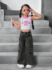 SHEIN 高腰工装口袋阔腿宽松休闲牛仔裤