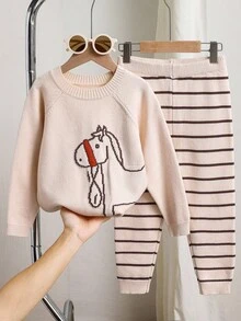 SHEIN 2pcs/Set Young Boy Casual Cat Graphic Round Neck Long Sleeve Top And Striped Print Pants Knit Sweater Outfit Fall Winter - Multicolor - View 3