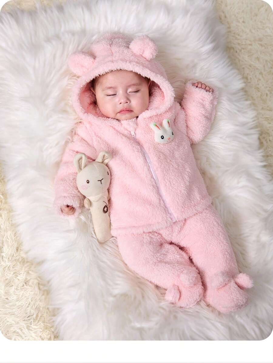 SHEIN 新生女婴可爱粉色毛绒卡通连帽夹克和松紧腰裤套装，秋冬装 - 粉色 - 查看 1