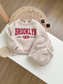 SHEIN 2pcs Baby Girl Cute Grey Letter Print Long Sleeve Sweatshirt And Pants Set, Autumn/Winter Fall - Apricot - View 5