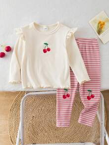 2pcs Baby Girl Autumn/Winter Round Neck Flutter Sleeve Ribbed Knit Top + Pink Ribbed Pants With Cherry Embroidery, Casual Cute Matching Set Fall - Multicolor - View 1
