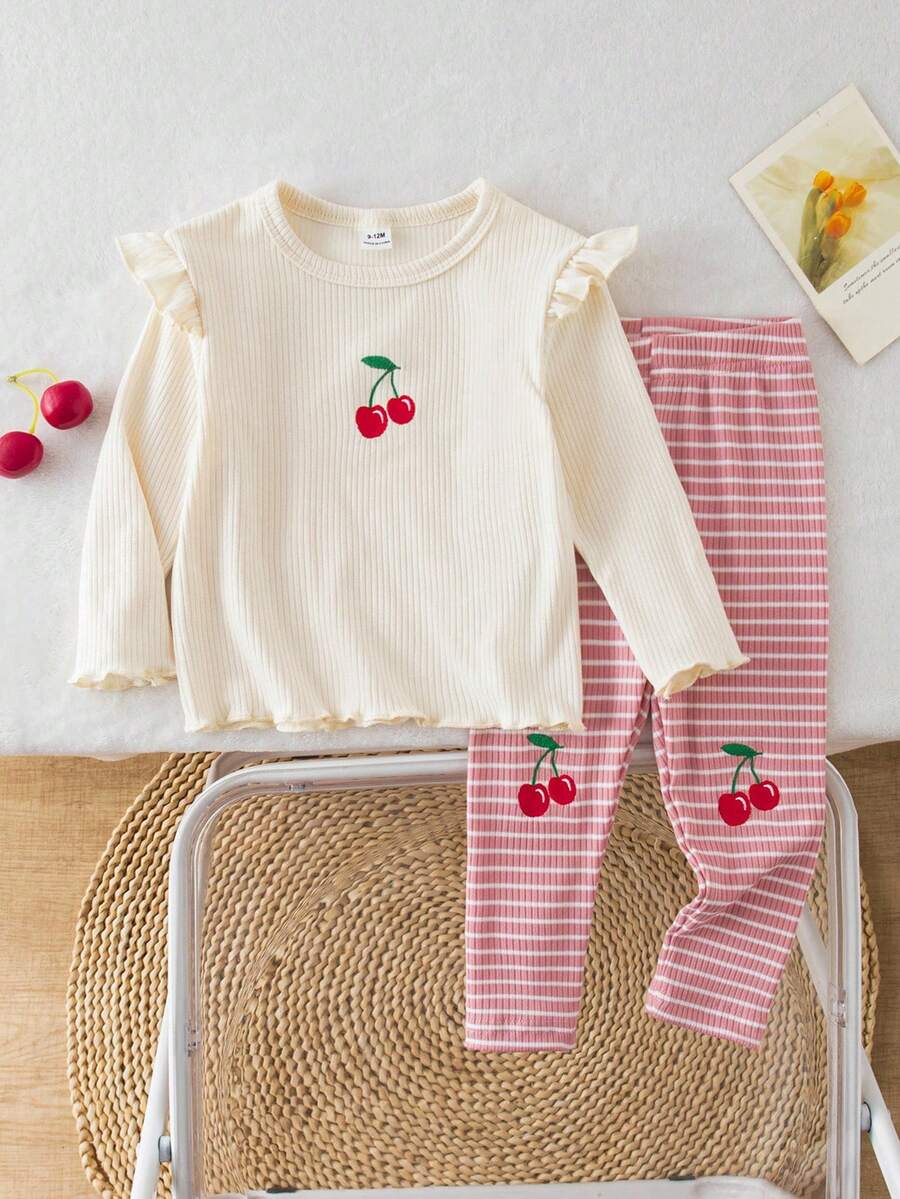 2pcs Baby Girl Autumn/Winter Round Neck Flutter Sleeve Ribbed Knit Top + Pink Ribbed Pants With Cherry Embroidery, Casual Cute Matching Set Fall - Multicolor - View 1