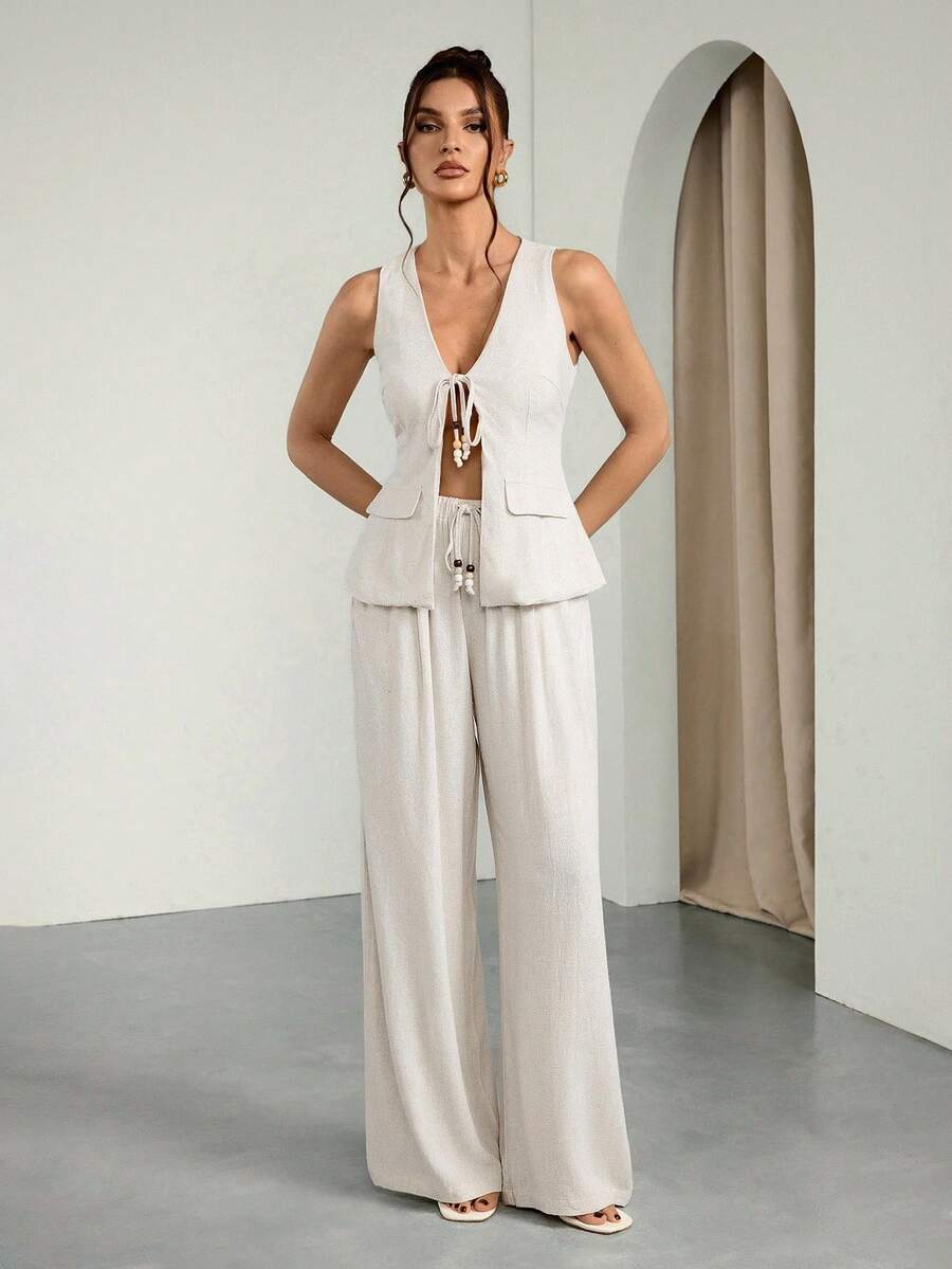 SHEIN Tall 2件套简约纯色亚麻露背串珠套装（吊带背心和阔腿裤），适合工作、派对、休闲、正式场合 - 米色 - 查看 1