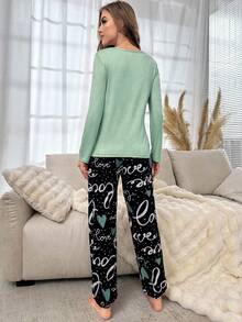 SHEIN Heart & Letter Print Pajama Set, Fall Winter Clothes, Christmas - Green - View 2
