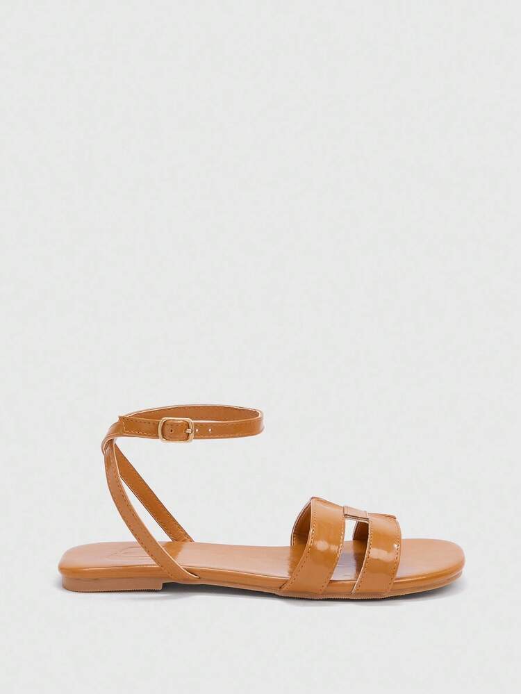 CUCCOO BIZCHIC 1cm Heel Brown PU Women's Fashion Comfortable Flat Slide Sandals