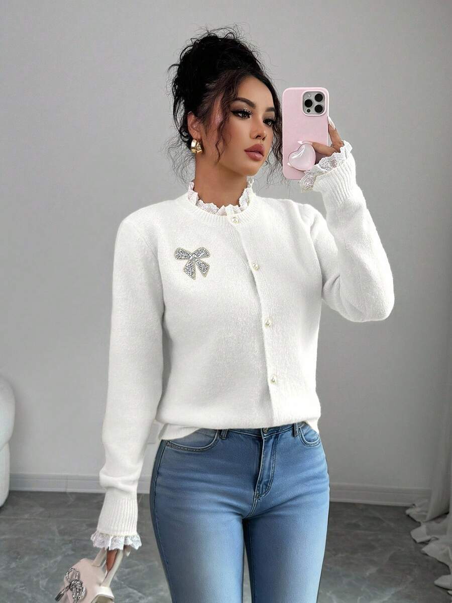 Elenzga Áo khoác cardigan nữ thanh lịch phối ren hoa, thích hợp mùa thu/đông, có cúc và nơ đính đá, kiểu dáng dễ thương, phù hợp dự tiệc, phối màu trắng, Giáng sinh và năm mới. - trắng - Xem 1