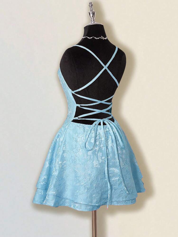 SHEIN ICON Vestido Mini com Amarração Nas Costas em Tecido Jacquard - Azul - Visão 7