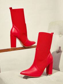 Women's Fashion Fabric Elastic Pointed Toe Chunky Heel Mid-Calf Boots, Suitable For Commuting, Dating, Party, Holiday For Christmas - Red - View 2