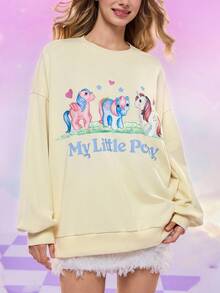 My Little Pony X SHEIN 女式可爱小马印花圆领落肩运动衫，秋季 - 黃色 - 查看 3