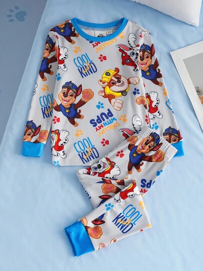 SHEIN | PAW Patrol 2pcs Young Boy Dog Print Crew Neck Long Sleeve Top And Pants Snug Fit Comfortable Casual Pajama Set