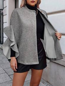 EMERY ROSE Women's Solid Color Single-Breasted Ruffled Hem Fashion Cape Woolen Coat, Autumn/Winter - Grey - View 6