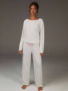 Athîral Polka Dot Drop Shoulder Bow Front PJ Set / Pajama Set White Set - White - View 3