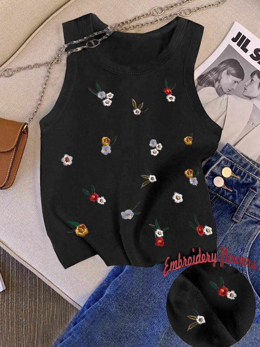 SHEIN Women's Summer Floral Embroidered Camisole - Black - View 1