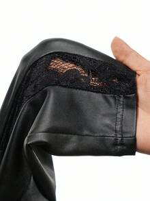 MaterniChic Pantaloni skinny da donna in gravidanza, colore tinta unita, vita regolabile, con inserti in pizzo e pelle sintetica - nero - Visualizzare 3