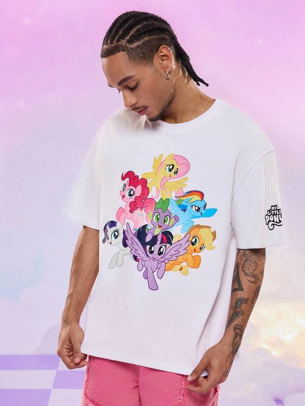 My Little Pony X SHEIN Męska koszulka z krótkim rękawem i okrągłym dekoltem w kolorze białym z motywem kreskówkowym