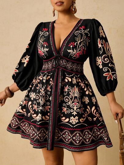 Enliva 秋季大码波西米亚花卉印花前系蝴蝶结 V 领长袖短款休闲女式连衣裙