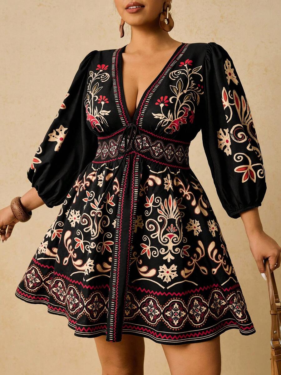 Travachic Đầm thường ngày cổ chữ V tay dài in họa tiết hoa Bohemian cỡ lớn, thắt nơ phía trước, dành cho nữ, mùa thu - màu đen - Xem 1