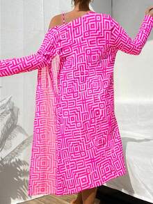 Swim Lushoire Women's 3pcs Beach Summer Outfits Set: Swimsuit + Random Printed Cover-Up - Hot Pink - View 4