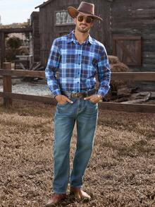 Manfinity Nomadique Men's Casual Plaid Single-Breasted Long Sleeve Shirt Western Shirt Men Blue Plaid Shirt Rodeo Shirt, Fall