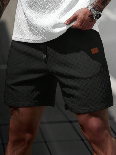 Manfinity CasualCool 男士夏季梯形提花网眼面料短裤，罗纹领口和抽绳，送给男朋友或丈夫的精美礼物，黑色短裤，男士，男士短裤，设计师短裤，男士，街头潮流短裤，纹理短裤，男士